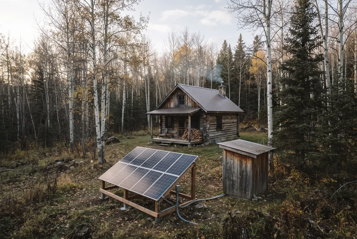 Timber cabin in an aspen and spruce clearing with a tilted ground-mounted solar array